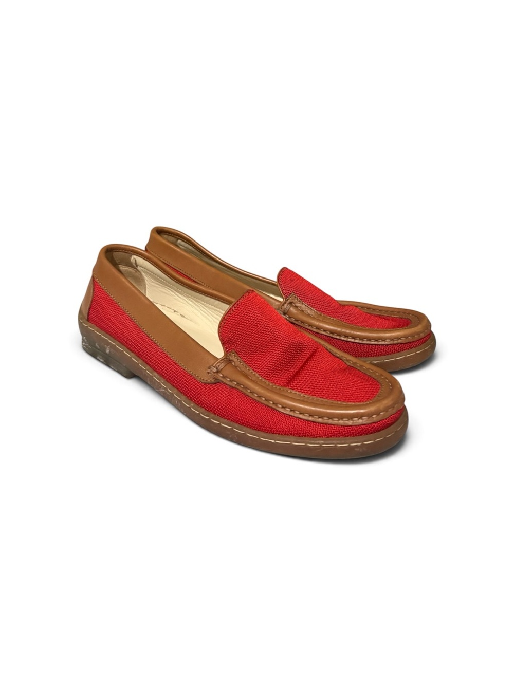 Salvatore Ferragamo red fabric and tan leather trim slip-on loafers Size 6